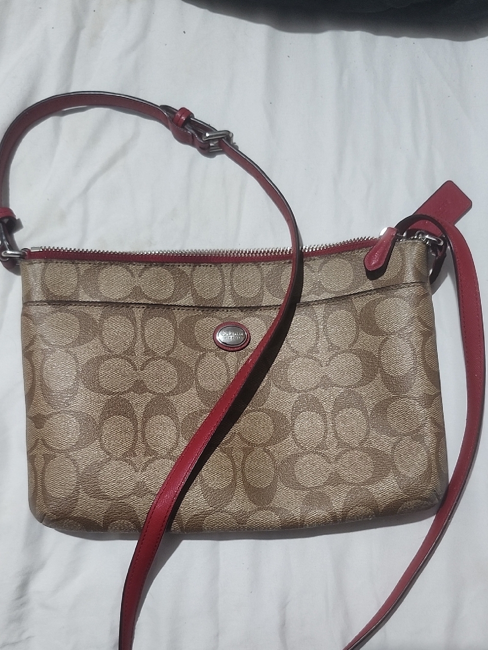 Coach Signature Canvas Crossbody with Red Trim